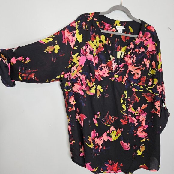 Ava & Viv Black Floral Blouse Shirt Top Roll Tab Sleeve Flowers Plus Size 3XL - Picture 7 of 10